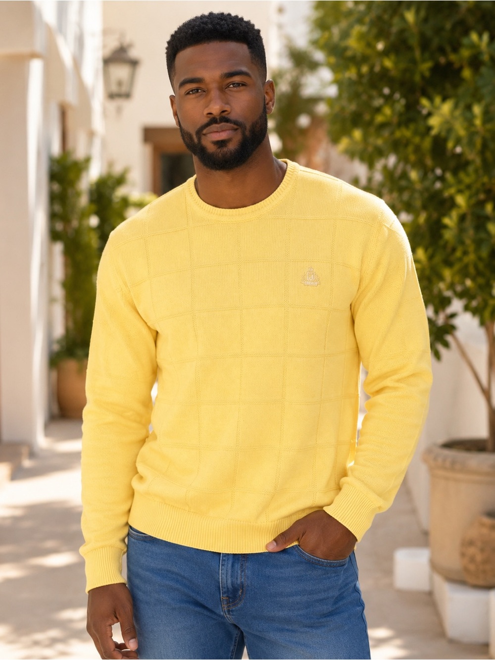 IZOD Men’s XL Butter Yellow 100% Cotton Windowpane Knit Sweater